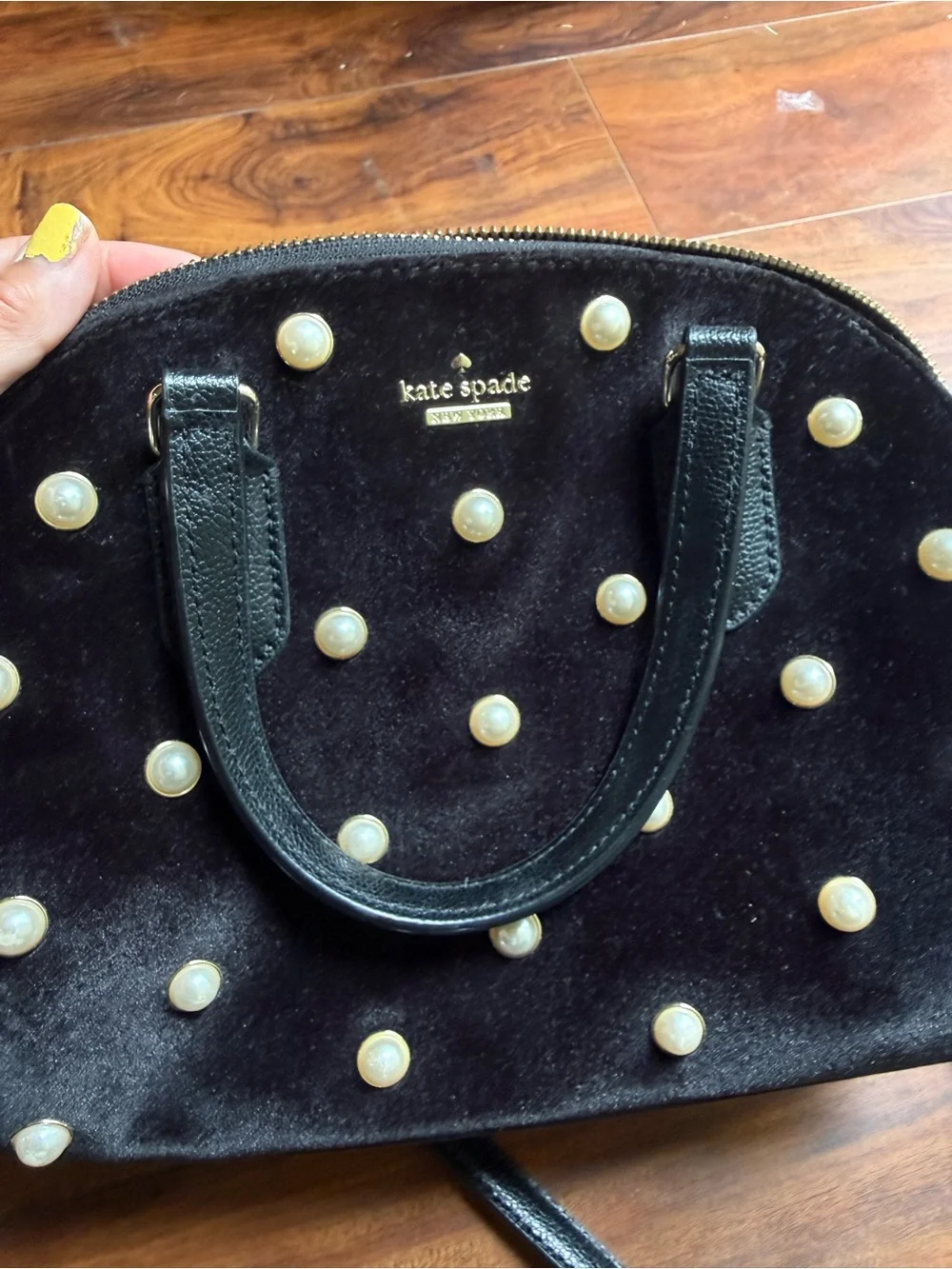 kate spade Black Pearl-Embellished Velvet Dome Satchel
